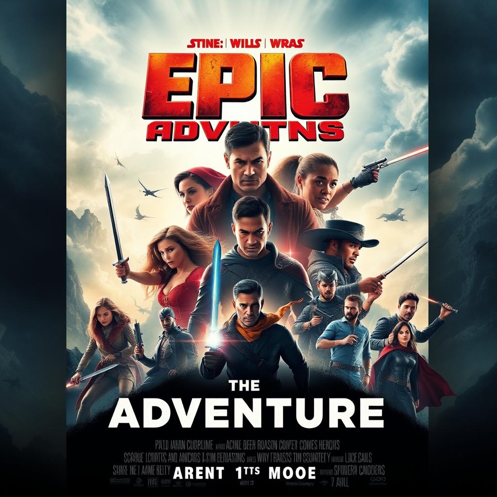 Create a movie poster featuring an epic adventure with a diverse group of heroes