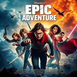 Create a movie poster featuring an epic adventure with a diverse group of heroes