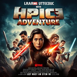 Create a movie poster featuring an epic adventure with a diverse group of heroes