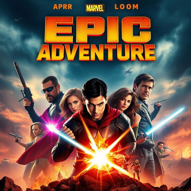 Create a movie poster featuring an epic adventure with a diverse group of heroes