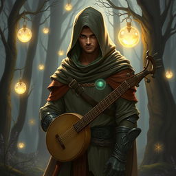 A semi-elf bard wearing a hooded cloak and light armor, standing in a mystical forest