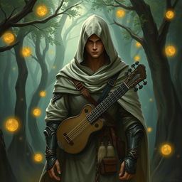 A semi-elf bard wearing a hooded cloak and light armor, standing in a mystical forest