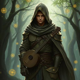 A semi-elf bard wearing a hooded cloak and light armor, standing in a mystical forest