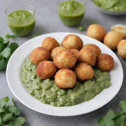 Chicken balls on a plate, surrounded by green salsa, with a beautiful decoration.