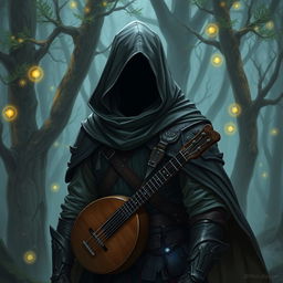 A semi-elf bard wearing a hooded cloak and light armor, standing in a mystical forest