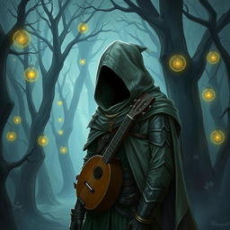 A semi-elf bard wearing a hooded cloak and light armor, standing in a mystical forest