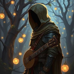 A semi-elf bard wearing a hooded cloak and light armor, standing in a mystical forest