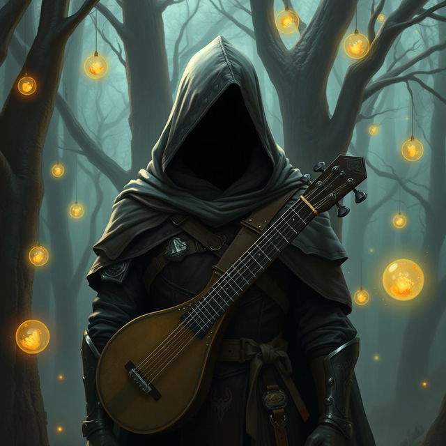 A semi-elf bard wearing a hooded cloak and light armor, standing in a mystical forest