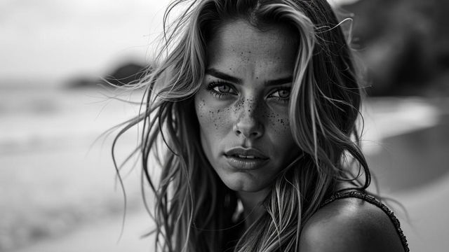 A stunning black and white portrait of a beautiful model with Barbara Palvin-like features, capturing a rugged surfer at the beach with a hauntingly beautiful smile and somber mood