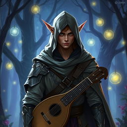 A semi-elf bard wearing a hooded cloak and light armor, standing in a mystical forest