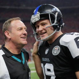 A tearful football player during the Super Bowl, hands on his helmet, with a smiling referee nearby.