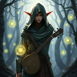 A semi-elf bard wearing a hooded cloak and light armor, standing in a mystical forest