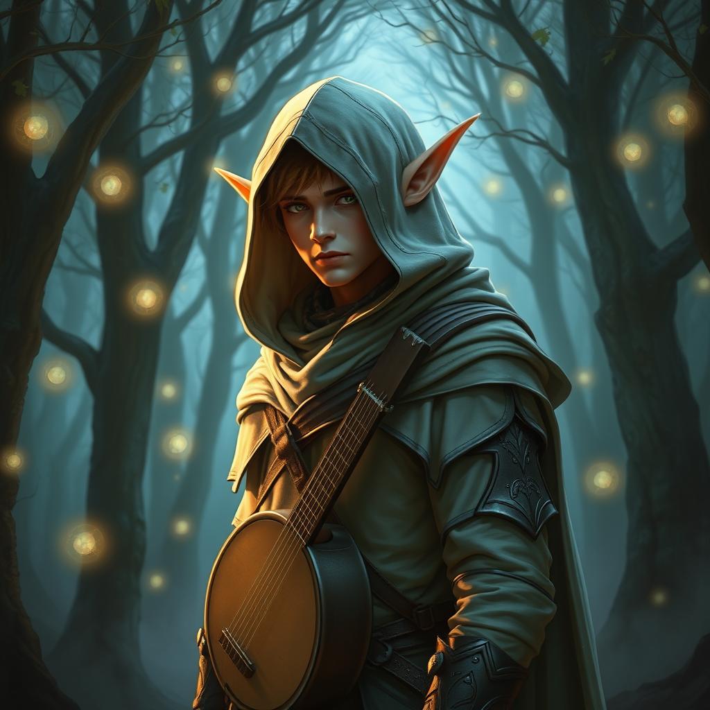 A semi-elf bard wearing a hooded cloak and light armor, standing in a mystical forest