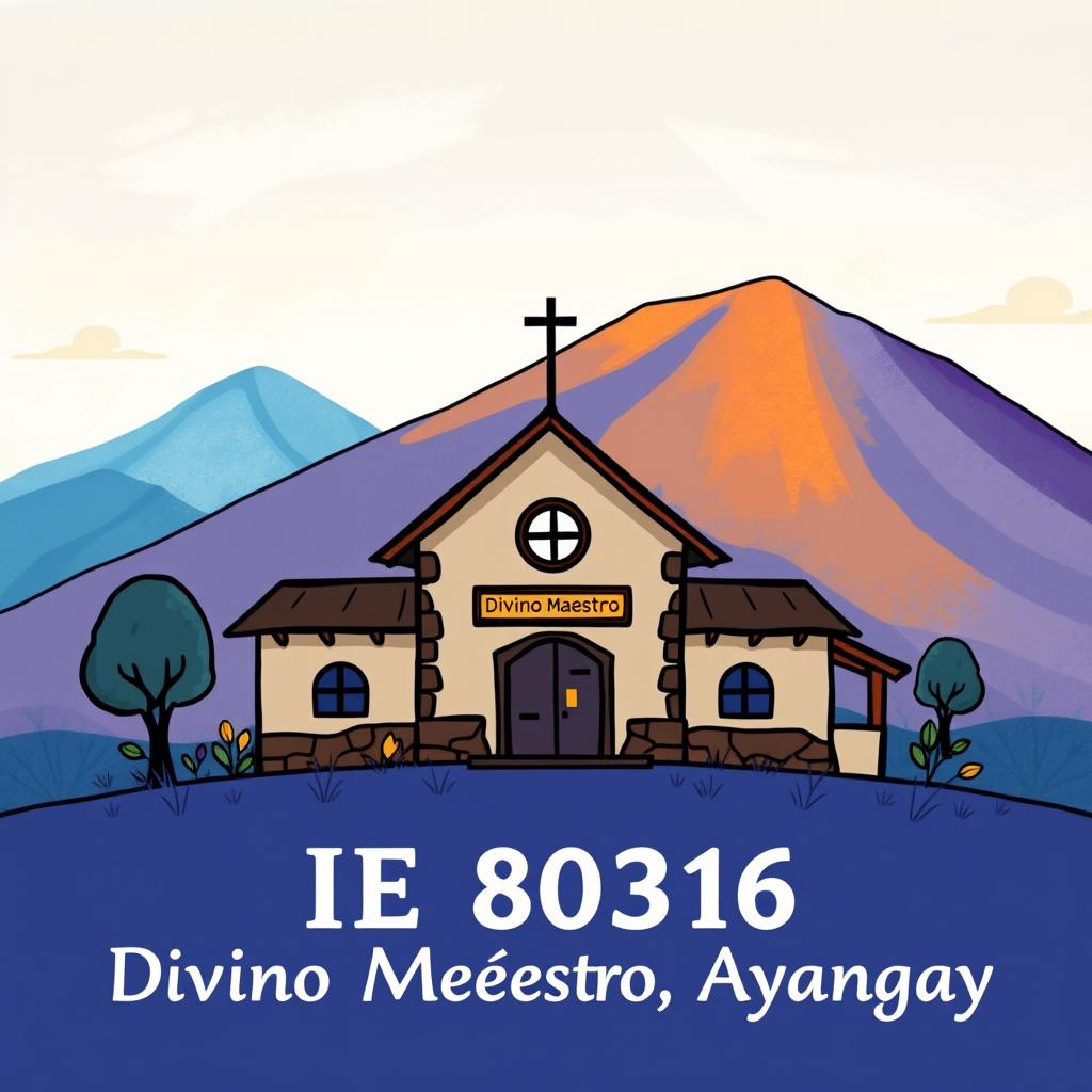 Create an illustration of a rural school with the text 'IE 80316 Divino Maestro Ayangay'