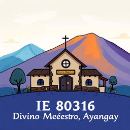 Create an illustration of a rural school with the text 'IE 80316 Divino Maestro Ayangay'