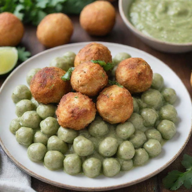 Chicken balls on a plate, surrounded by green salsa, with a beautiful decoration.