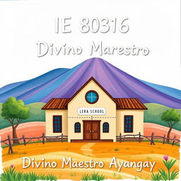 Create an illustration of a rural school with the text 'IE 80316 Divino Maestro Ayangay'