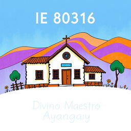 Create an illustration of a rural school with the text 'IE 80316 Divino Maestro Ayangay'