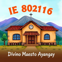 Create an illustration of a rural school with the text 'IE 80316 Divino Maestro Ayangay'