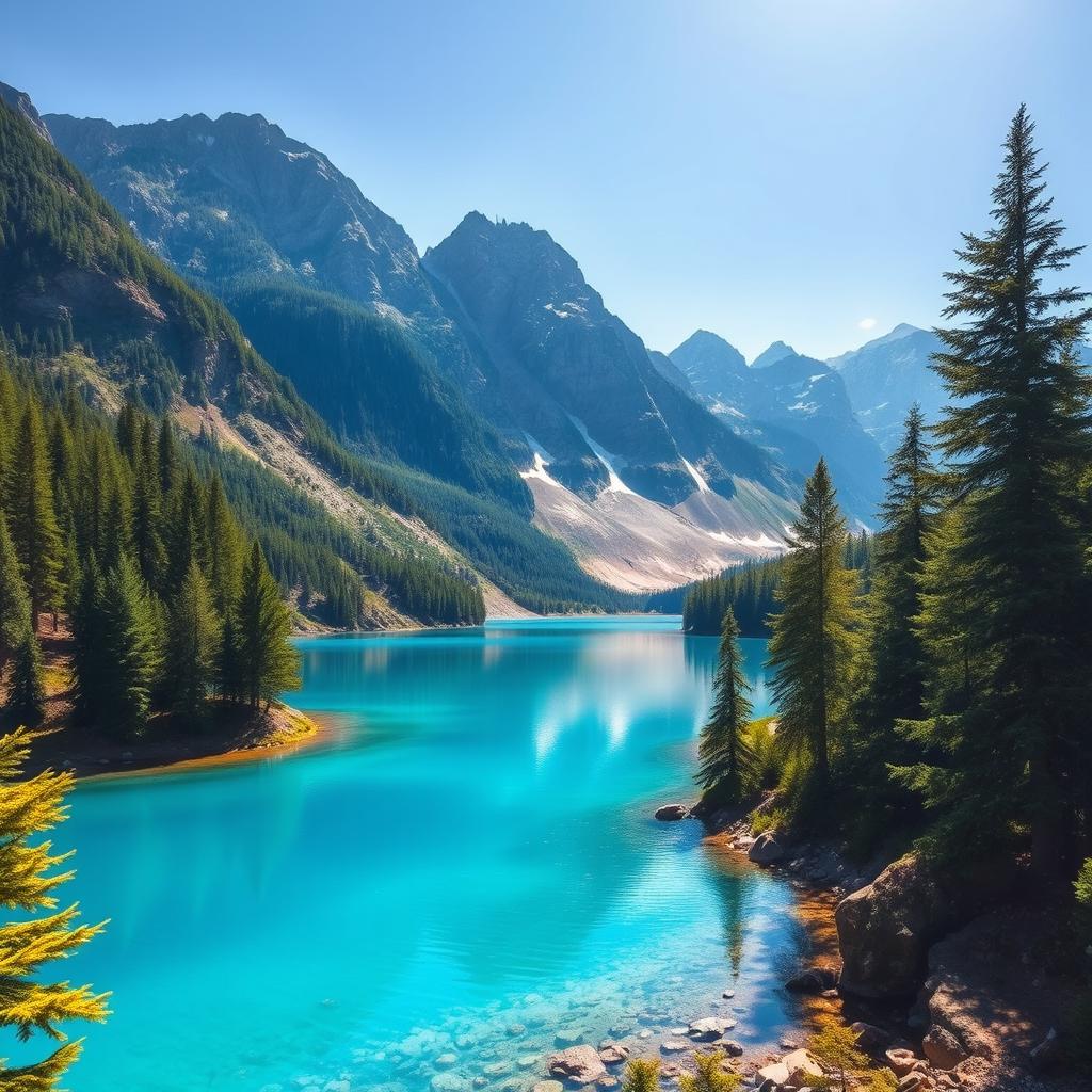 Generate an image of a beautiful and serene landscape featuring a clear blue lake surrounded by lush green trees, with mountains in the background and a bright, sunny sky