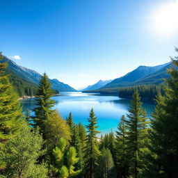 Generate an image of a beautiful and serene landscape featuring a clear blue lake surrounded by lush green trees, with mountains in the background and a bright, sunny sky