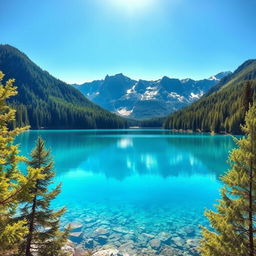 Generate an image of a beautiful and serene landscape featuring a clear blue lake surrounded by lush green trees, with mountains in the background and a bright, sunny sky