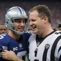 A tearful football player during the Super Bowl, hands on his helmet, with a smiling referee nearby.