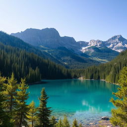 Generate an image of a beautiful and serene landscape featuring a clear blue lake surrounded by lush green trees, with mountains in the background and a bright, sunny sky