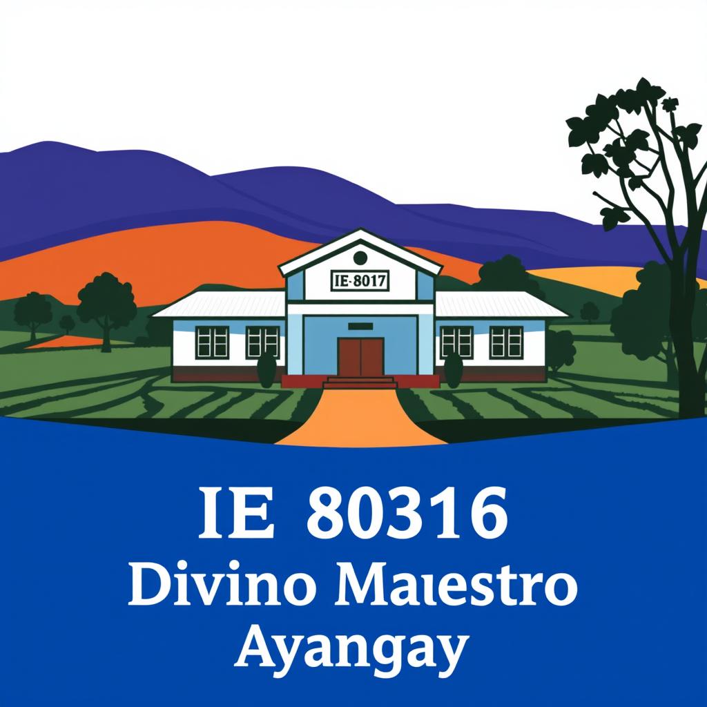 Create an image of a rural school with the text 'IE 80316 Divino Maestro Ayangay'