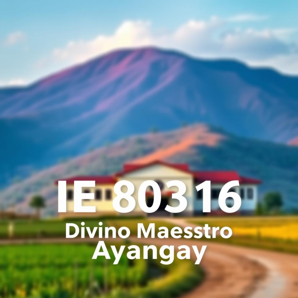 Create an image of a rural school with the text 'IE 80316 Divino Maestro Ayangay'