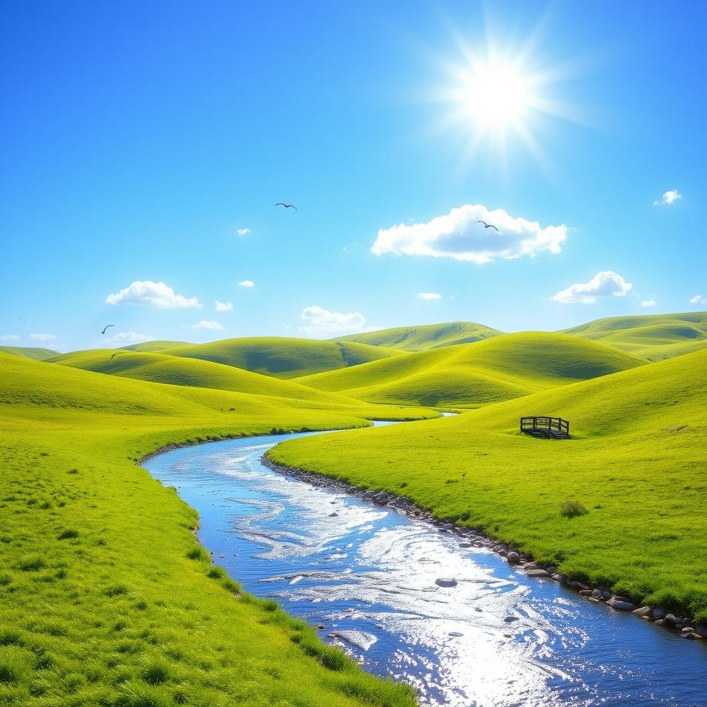 A serene landscape featuring a clear blue sky, rolling green hills, and a sparkling river winding through the scene