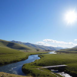 A serene landscape featuring a clear blue sky, rolling green hills, and a sparkling river winding through the scene