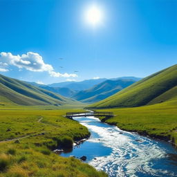 A serene landscape featuring a clear blue sky, rolling green hills, and a sparkling river winding through the scene