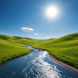 A serene landscape featuring a clear blue sky, rolling green hills, and a sparkling river winding through the scene