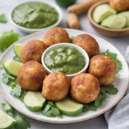 Chicken balls on a plate, surrounded by green salsa, with a beautiful decoration.