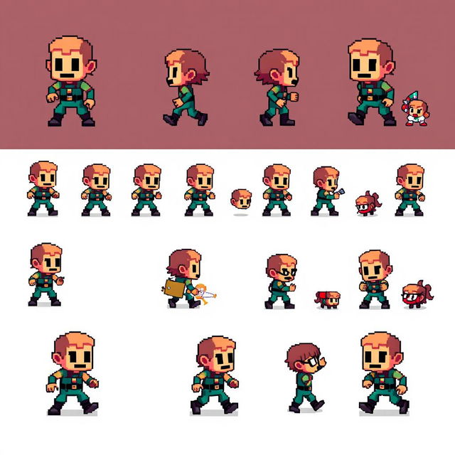 Design a 24x24 pixel art character spritesheet for a top-down game