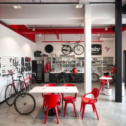 Diseño de interior de un taller mecánico de bicicletas en colores rojo, blanco y negro