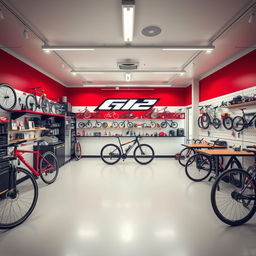 Diseño de interior de un taller mecánico de bicicletas en colores rojo, blanco y negro