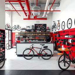 Diseño de interior de un taller mecánico de bicicletas en colores rojo, blanco y negro