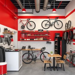 Diseño de interior de un taller mecánico de bicicletas en colores rojo, blanco y negro