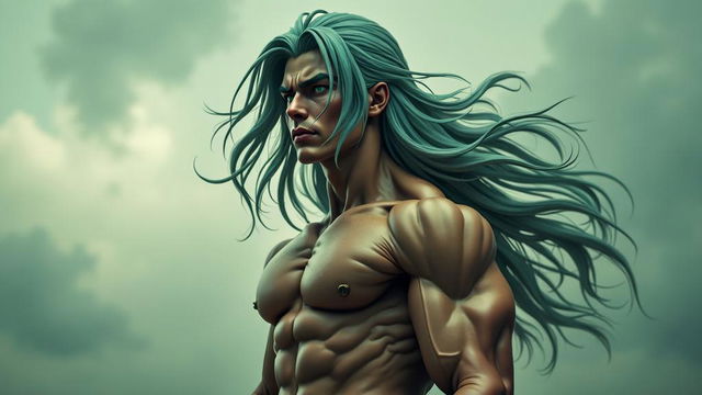 A highly realistic portrait of Future Trunks with long hair and a muscular build, in a cinematic, raw photograph