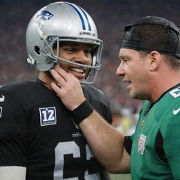 A tearful football player during the Super Bowl, hands on his helmet, with a smiling referee nearby.