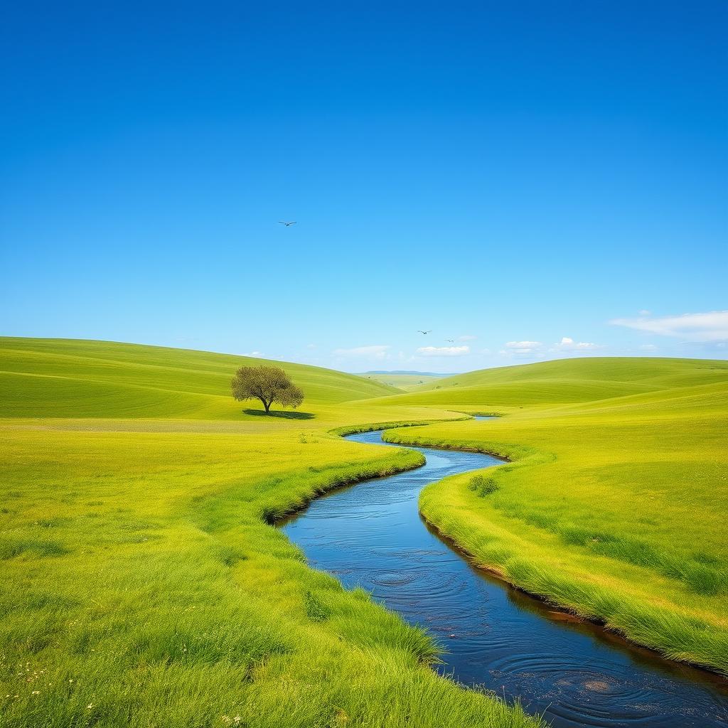 Create an image that features a serene landscape with a clear blue sky, lush green fields, and a gentle river flowing through