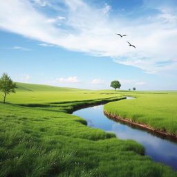 Create an image that features a serene landscape with a clear blue sky, lush green fields, and a gentle river flowing through