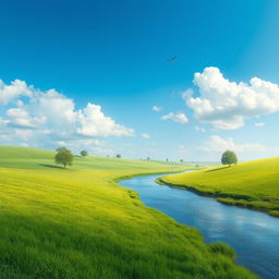 Create an image that features a serene landscape with a clear blue sky, lush green fields, and a gentle river flowing through