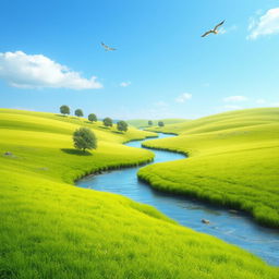 Create an image that features a serene landscape with a clear blue sky, lush green fields, and a gentle river flowing through