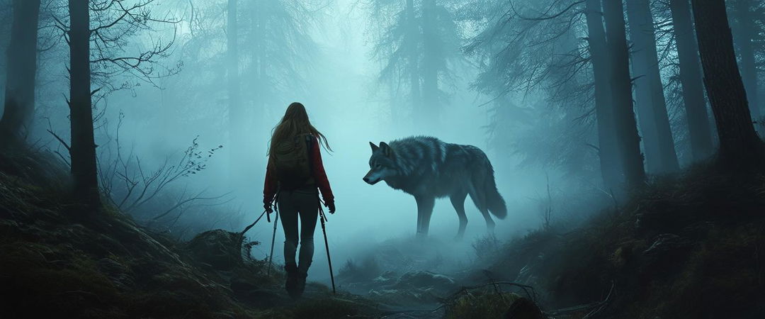 High-definition book cover design for 'Cry Wolf' featuring a young woman hiking through a foggy forest with a wolf creature stalking her in the distance