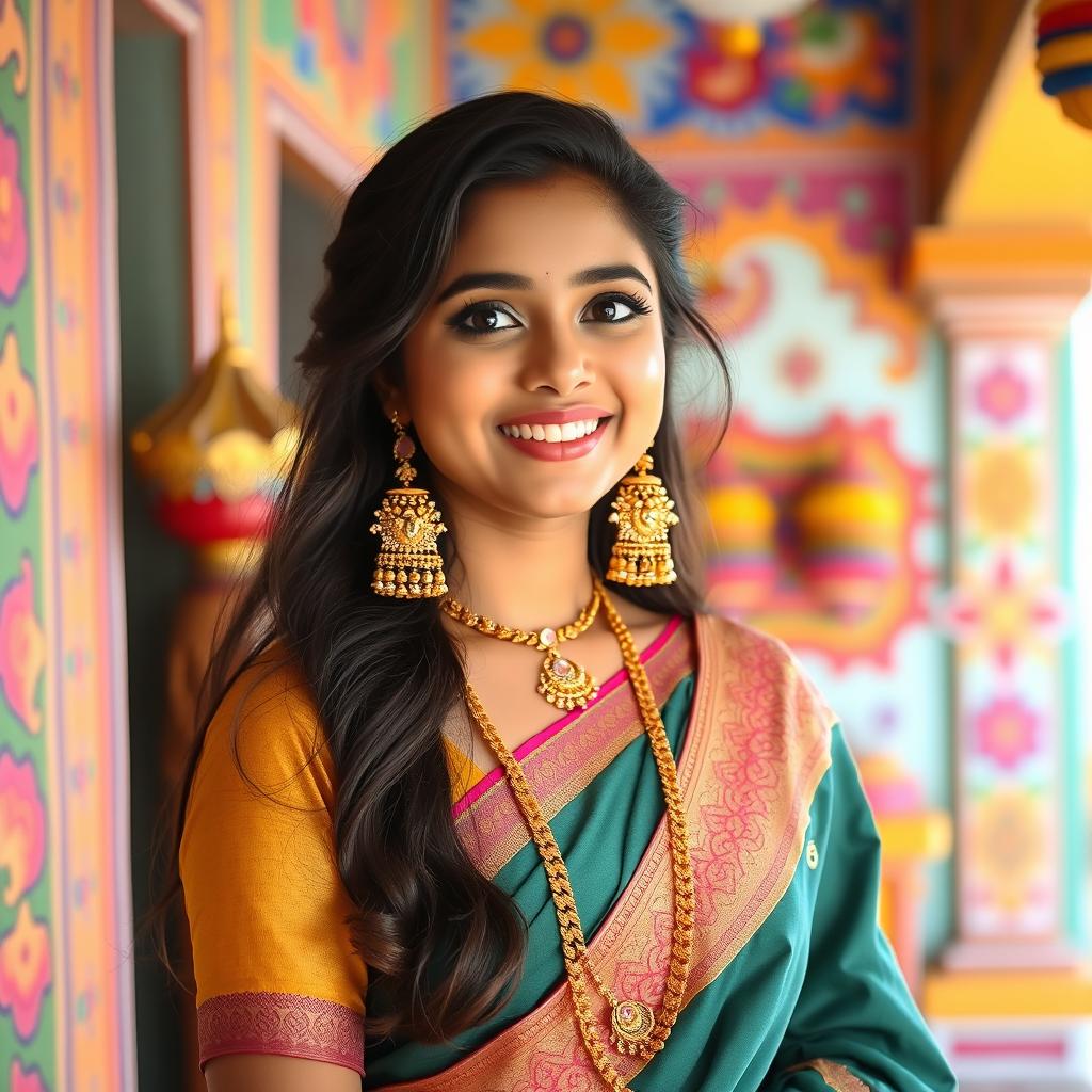 A beautiful Desi girl wearing traditional Indian attire, such as a saree or salwar kameez, standing in a vibrant and colorful setting with intricate patterns and cultural elements