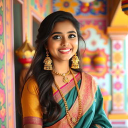 A beautiful Desi girl wearing traditional Indian attire, such as a saree or salwar kameez, standing in a vibrant and colorful setting with intricate patterns and cultural elements