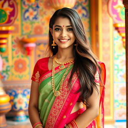 A beautiful Desi girl wearing traditional Indian attire, such as a saree or salwar kameez, standing in a vibrant and colorful setting with intricate patterns and cultural elements